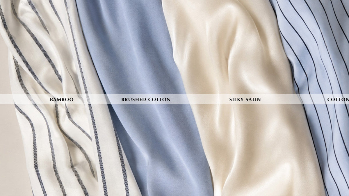 Fabric comparison of Gingerlilly bamboo, brushed cotton, silky satin and cotton pyjama fabrics
