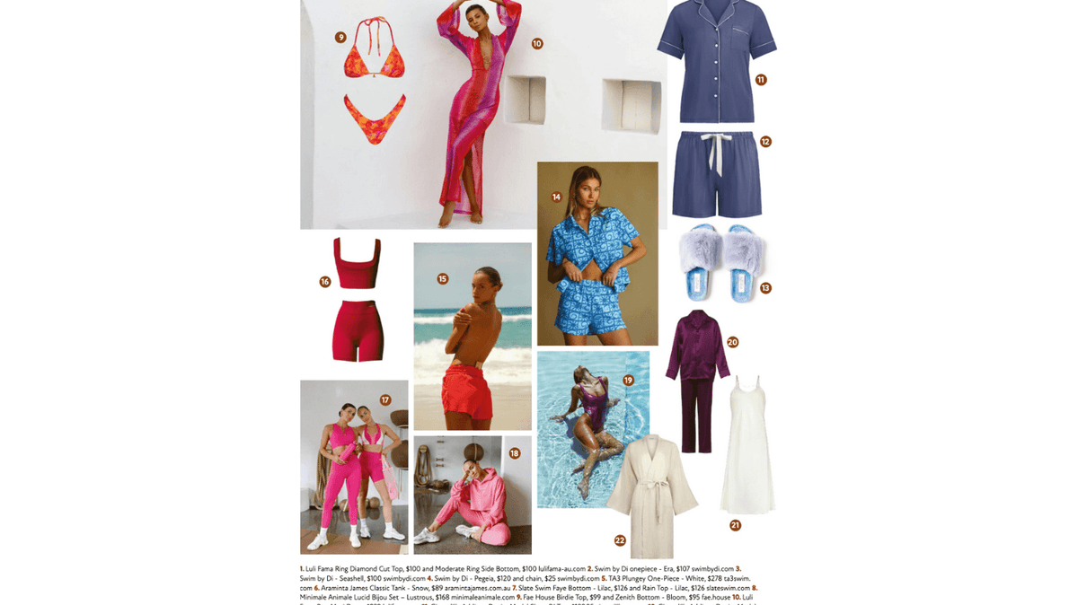 Collage of Gingerlilly Sleepwear including pajamas, robes, activewear, swimwear, and slippers in cotton, bamboo, and modal.