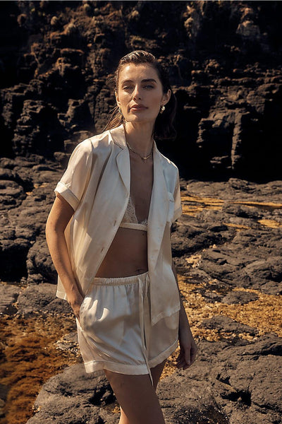 Topaz Ivory Pure Silk Short Sleeve Top and Shorts PJ Set