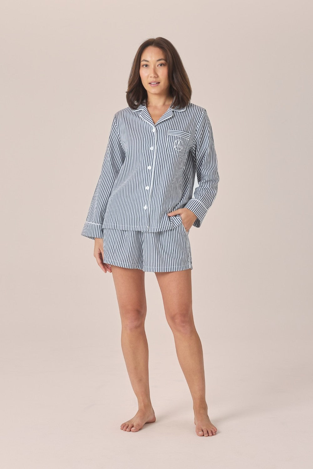 Gingerlilly Susanna Cotton Long Sleeve Shortie PJ Set - Navy Stripe - Front