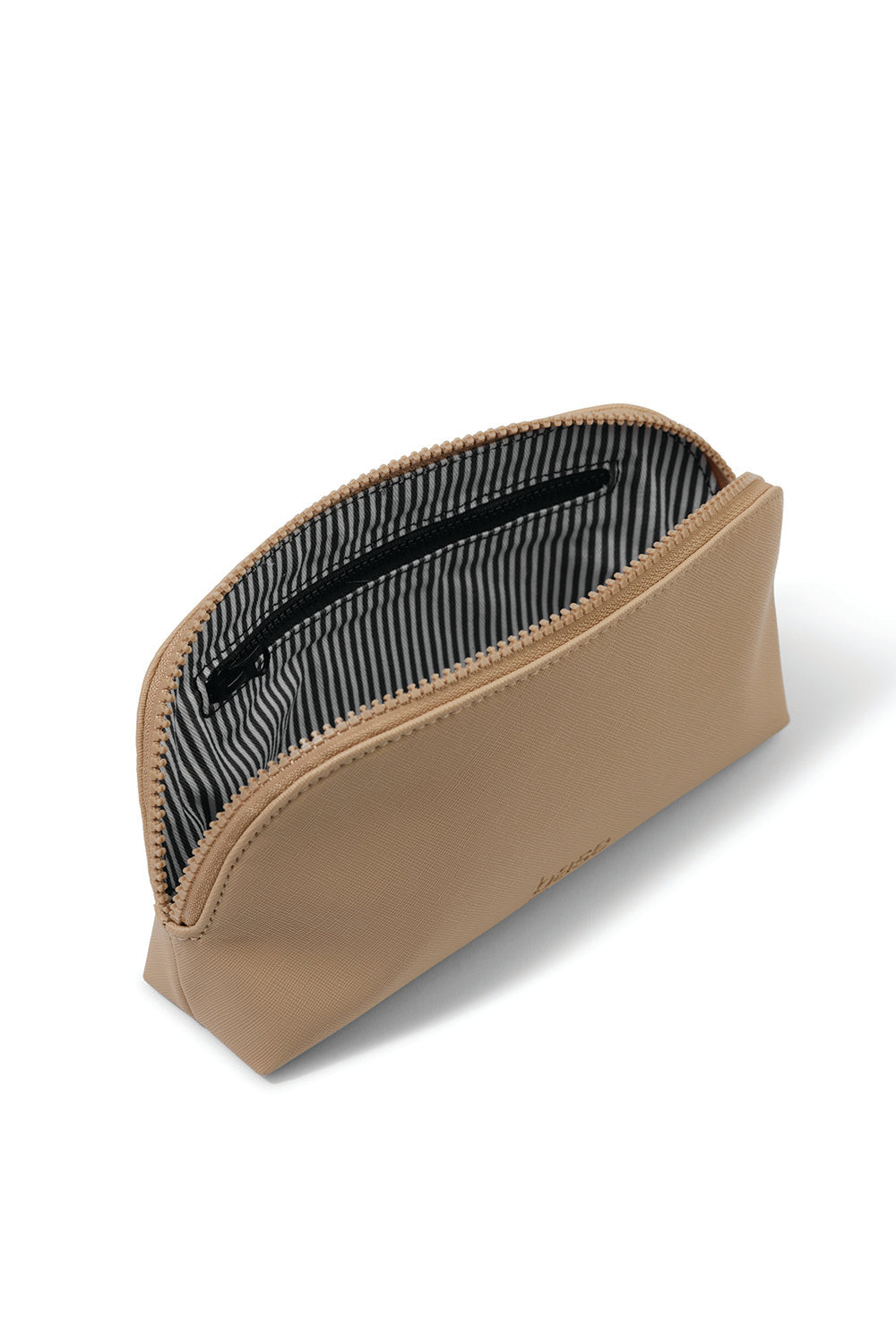 Beige cosmetic pouch with black and white striped lining, Gingerlilly Sleepwear accessory