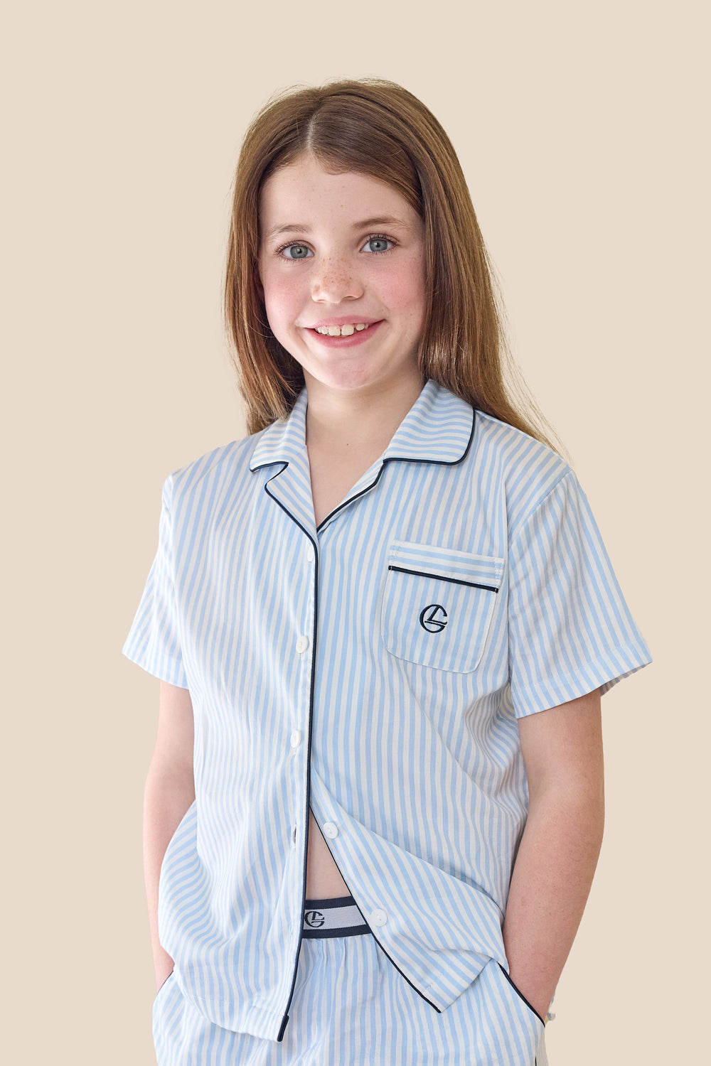 Gingerlilly Mini Camilla Cotton Short PJ Set - Blue Stripe - Front alt