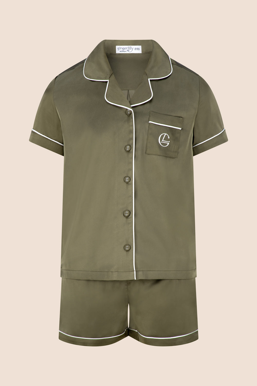 Gingerlilly Mini Sonia Silky Satin Short PJ Set - Olive - Flat lay