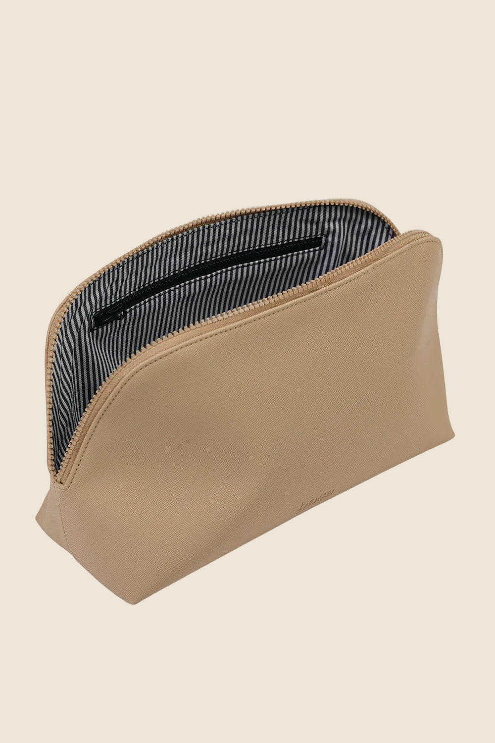 Sand-colored cosmetic bag with striped lining, Gingerlilly Sleepwear accessory