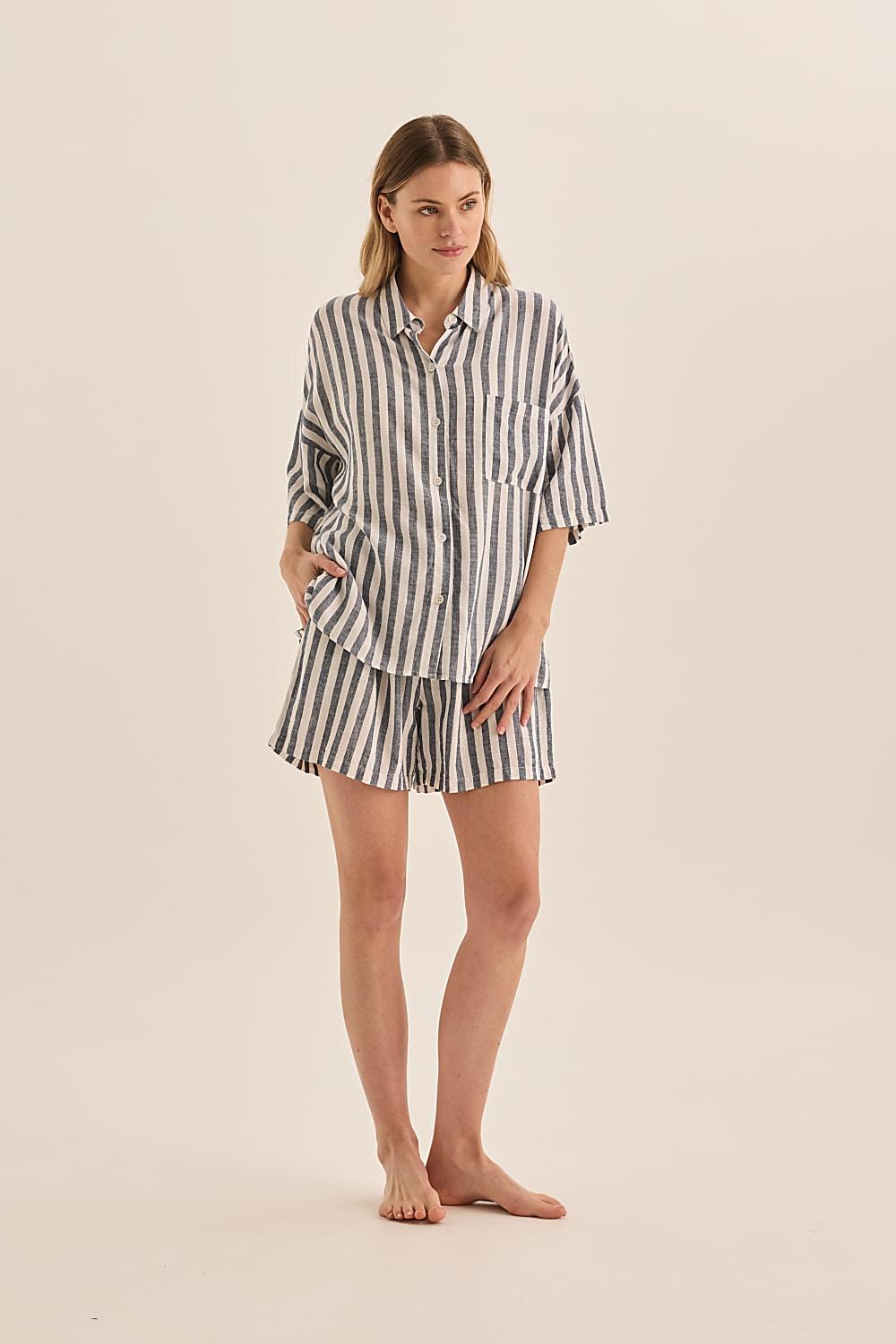 Gingerlilly Evie Navy Stripe Linen Short Set - Front