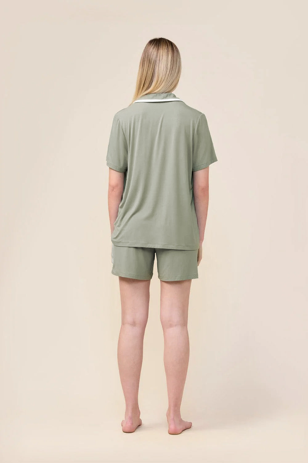 Woman wearing the Allegra Short Bamboo PJ Set in Olive, back view