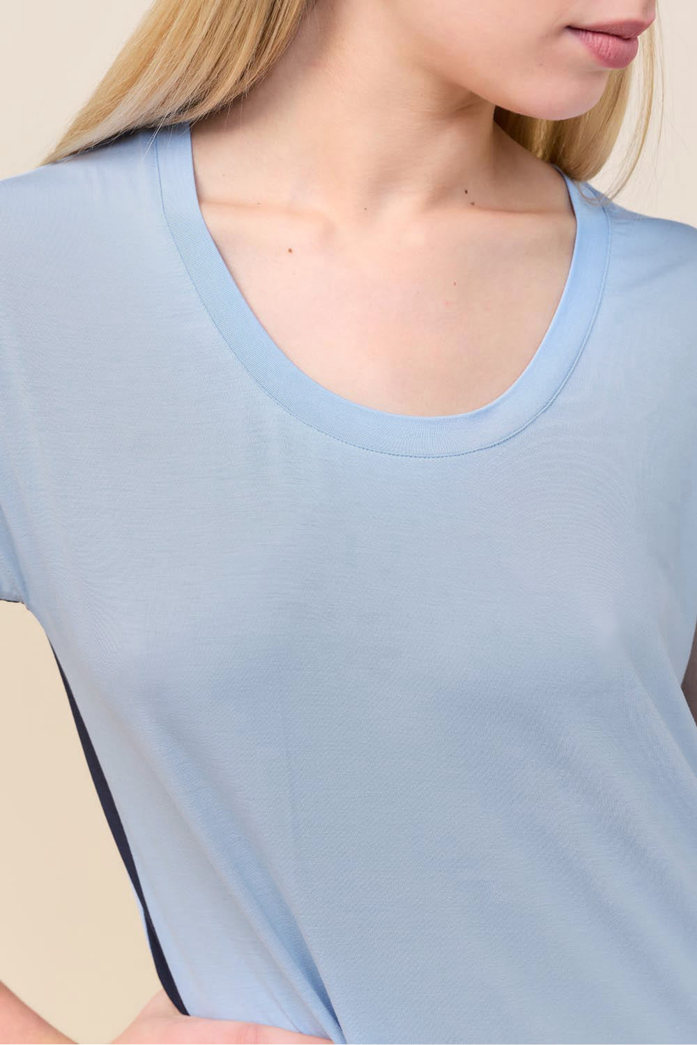 Close-up of the Ashley Bamboo Sleep Tee in Blue, showing the scoop neckline