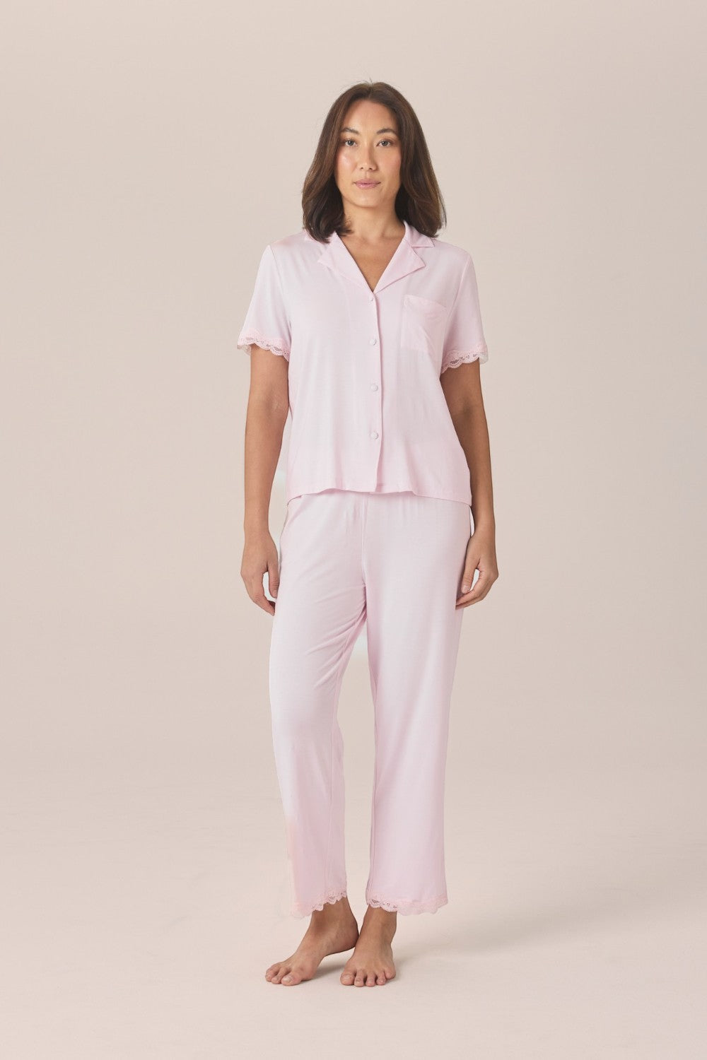 Gingerlilly Dianne Bamboo Long PJ Set with Lace - Pink - Front