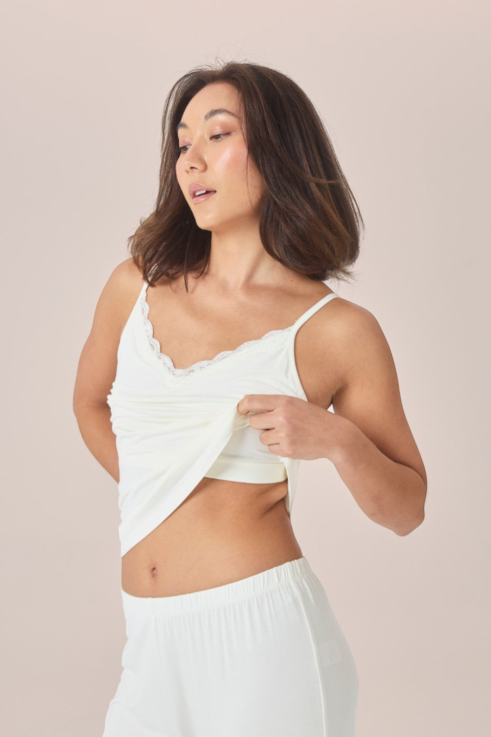 Gingerlilly Sleepwear ecru bamboo cami pyjama set with delicate lace trim on the neckline and adjustable straps.
