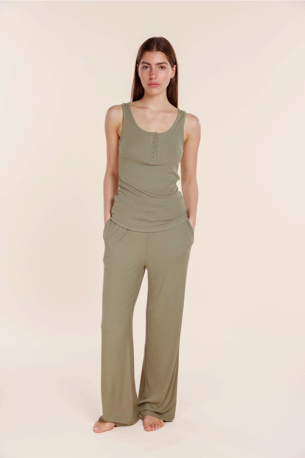 Gingerlilly Liberty Ribbed Singlet Henley Top - Olive - Front