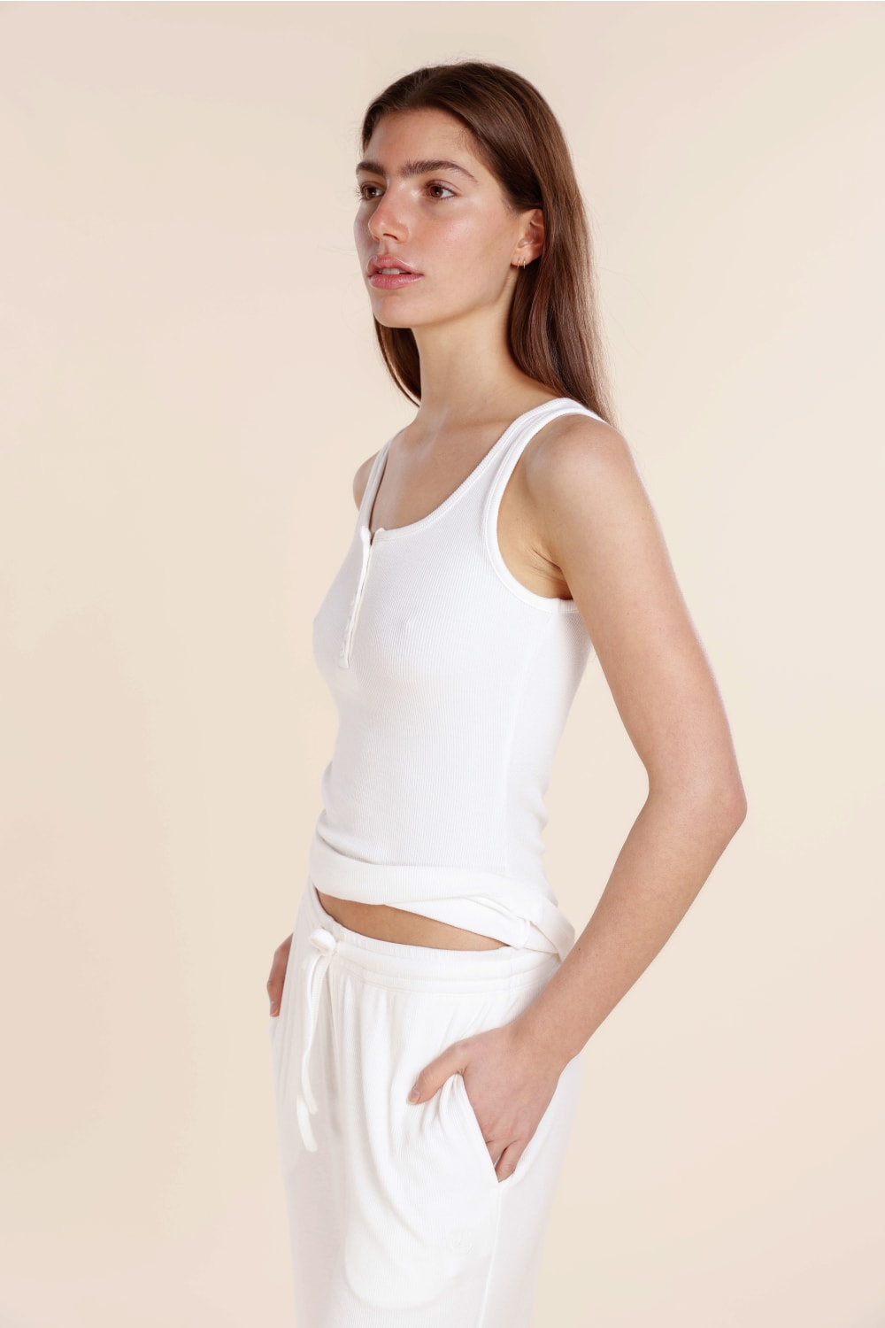 Gingerlilly Liberty Ribbed Singlet Henley Top - White - Side