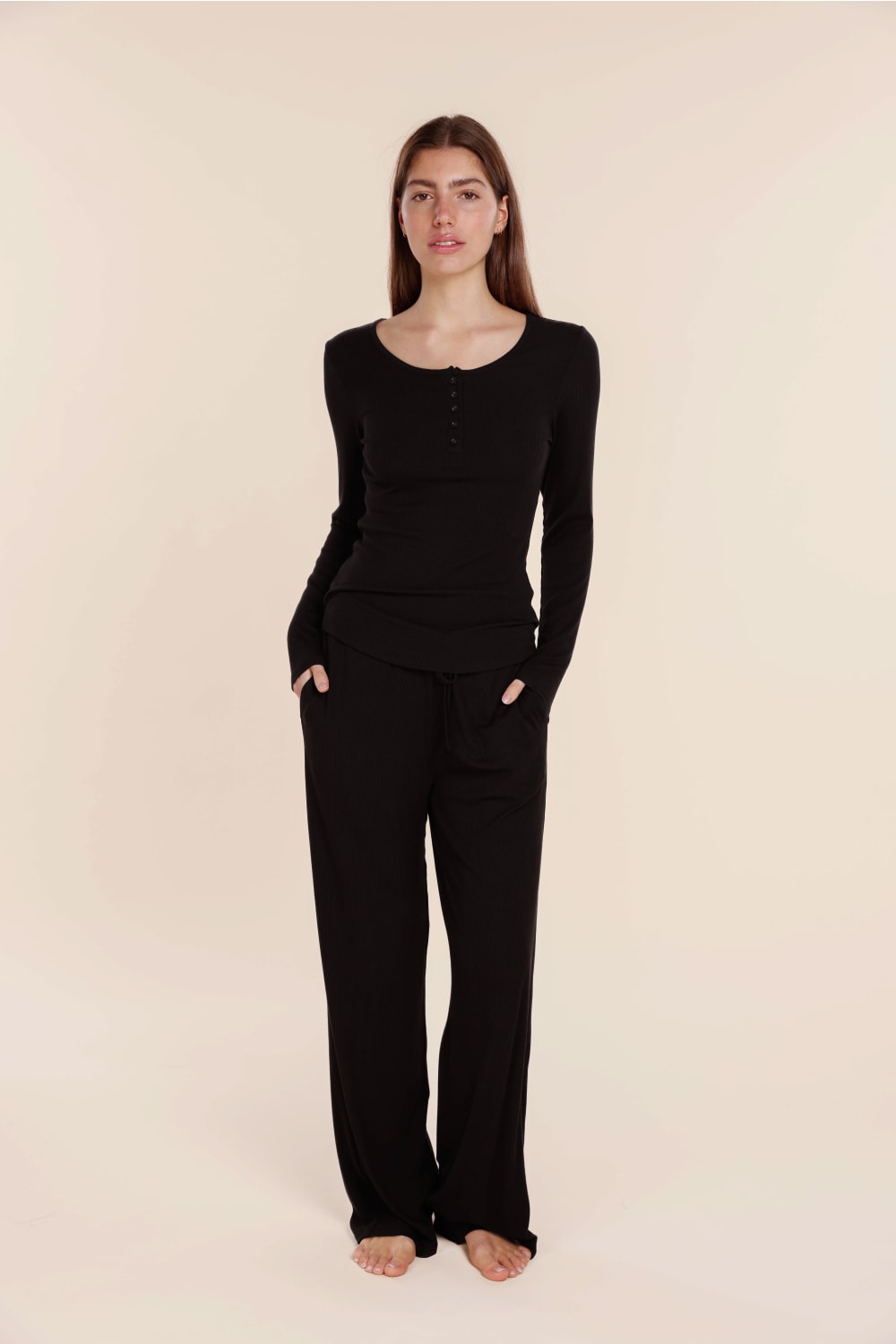 Gingerlilly Lille Ribbed Long Sleeve Henley Top - Black - Front