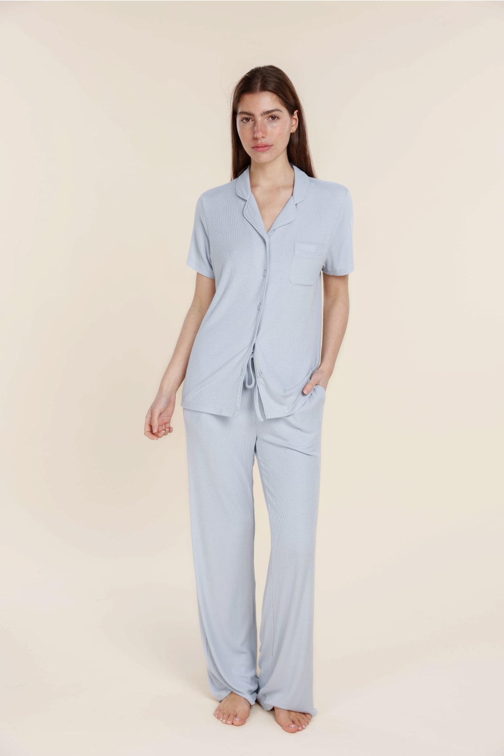 Gingerlilly Lyon Ribbed Short Sleeve Button Up Top - Powder Blue - Front