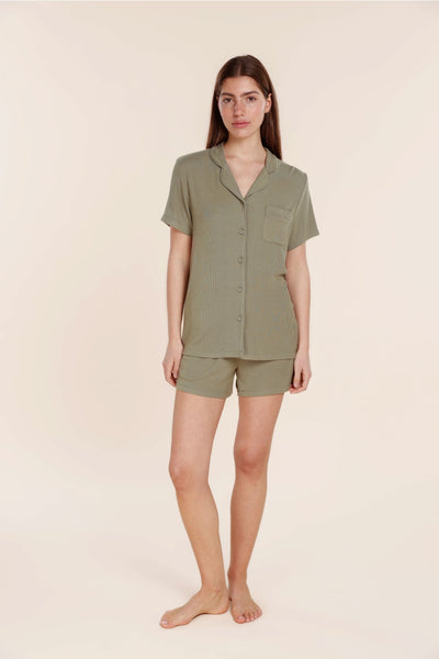 Lyon Ribbed Short Sleeve Button Up Top