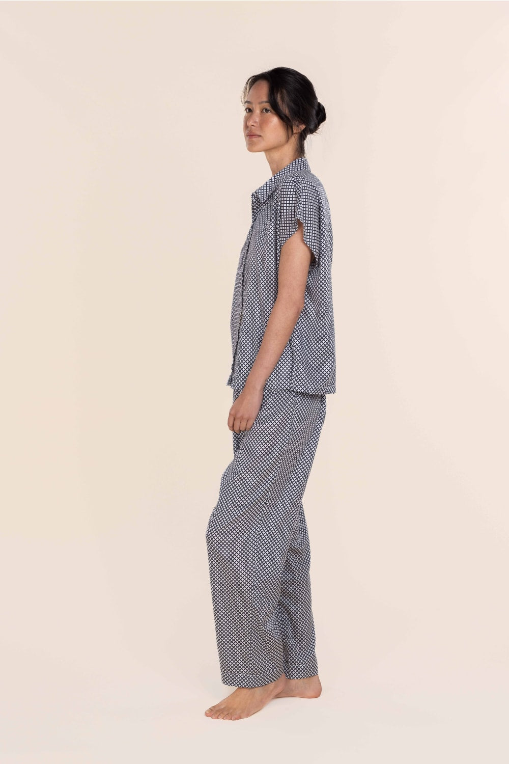 Gingerlilly Marlie Diamond Print Cotton Long PJ Set - Navy - Side