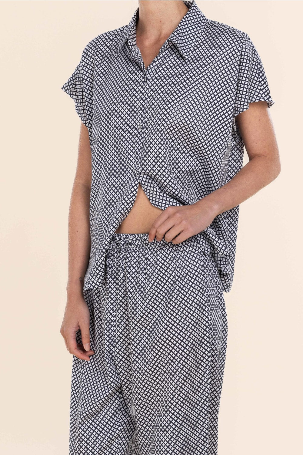 Gingerlilly Marlie Diamond Print Cotton Long PJ Set - Navy - Detail