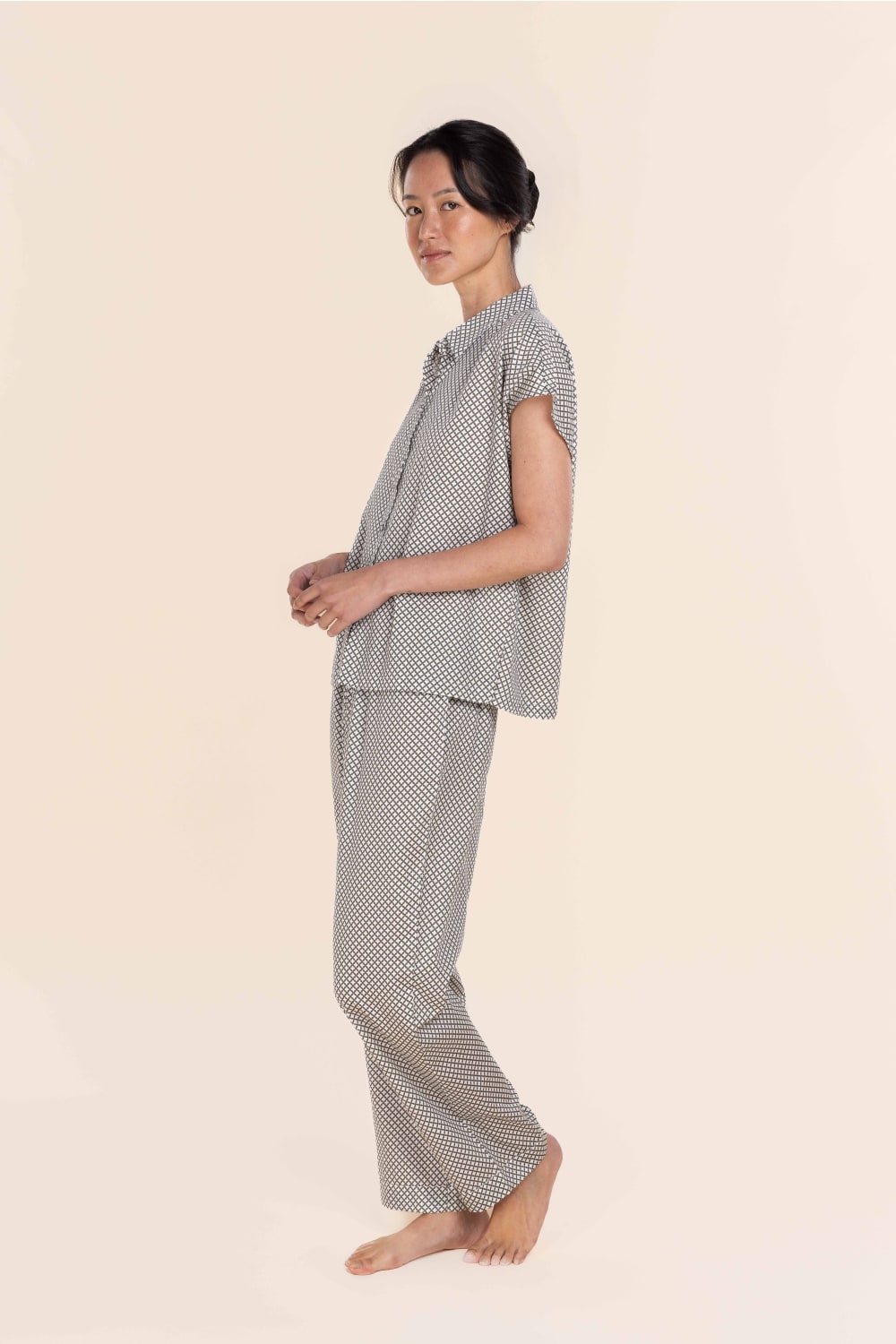Gingerlilly Marlie Diamond Print Cotton Long PJ Set - Olive - Side