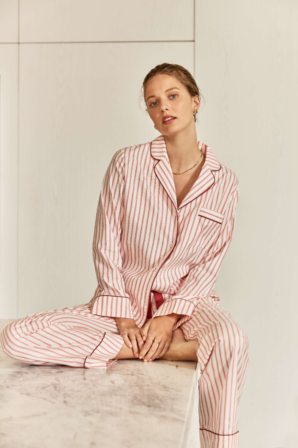 Gingerlilly Octavia Cotton Stripe PJ Set - Burgundy Stripe - Lifestyle