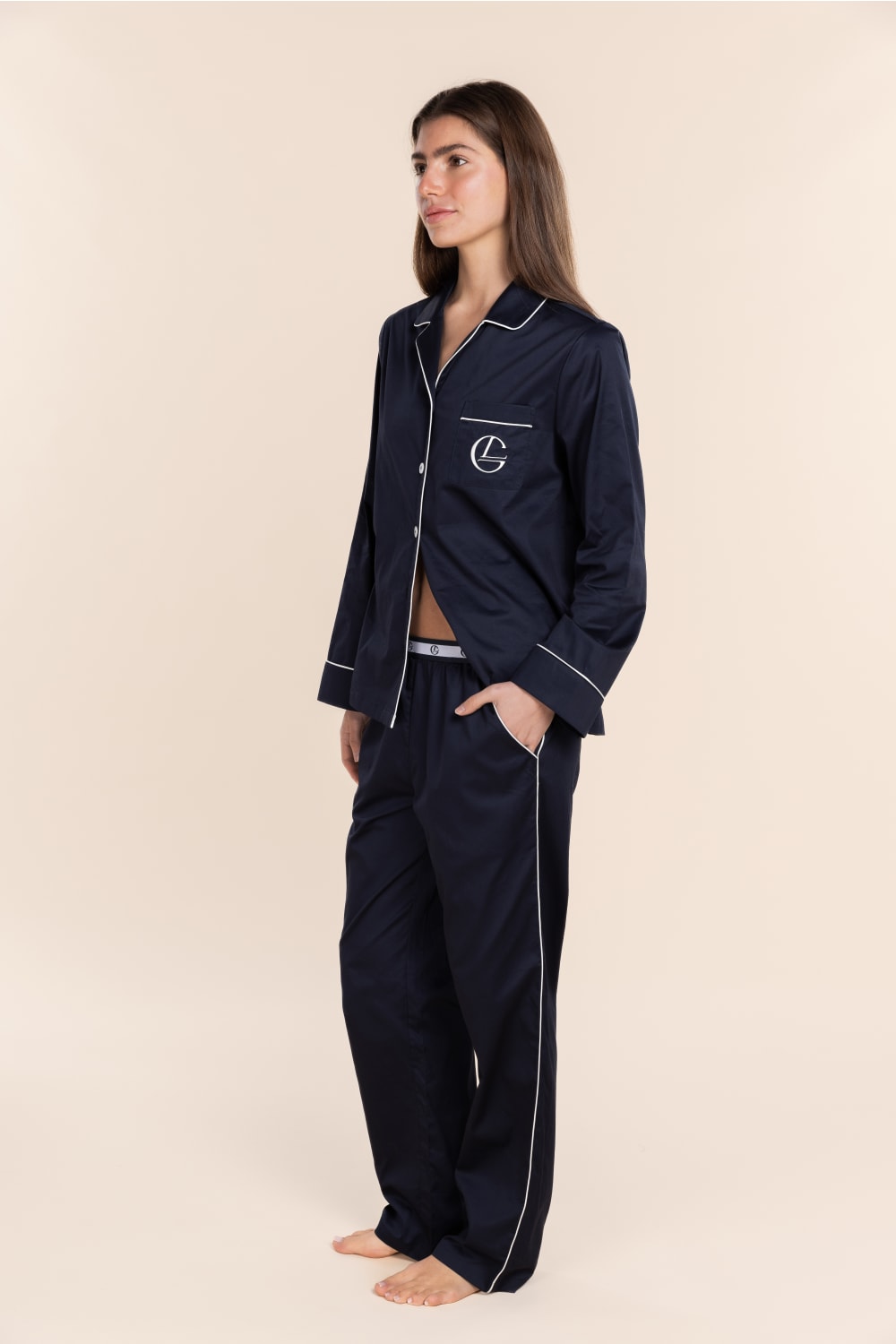 Gingerlilly Susanna Cotton Long PJ Set - Navy - Side