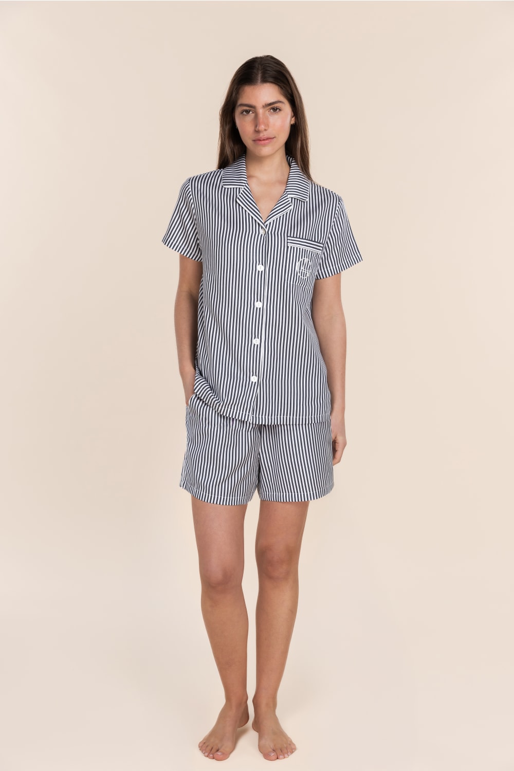 Gingerlilly Camilla Cotton Short PJ Set - Navy Stripe - Front