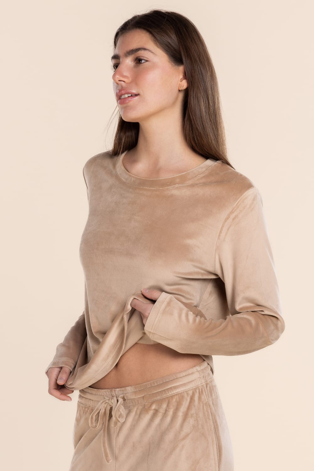 Gingerlilly Thea Velour Long Lounge Set - Beige - Front alt