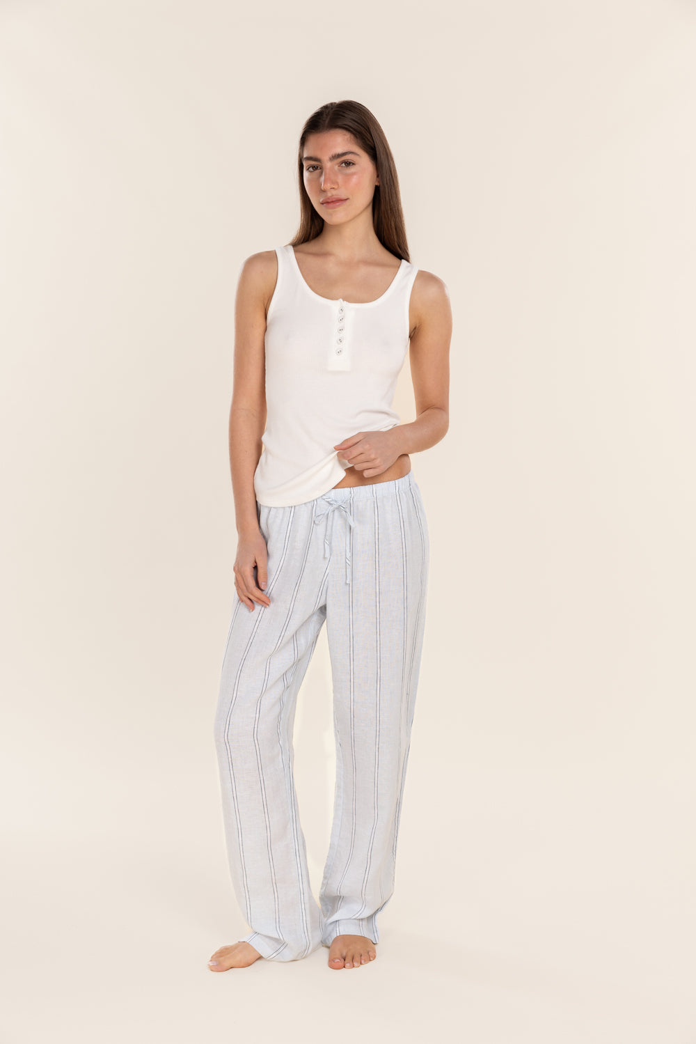 Gingerlilly Zoey Long Linen Pants - Blue Stripe - Front