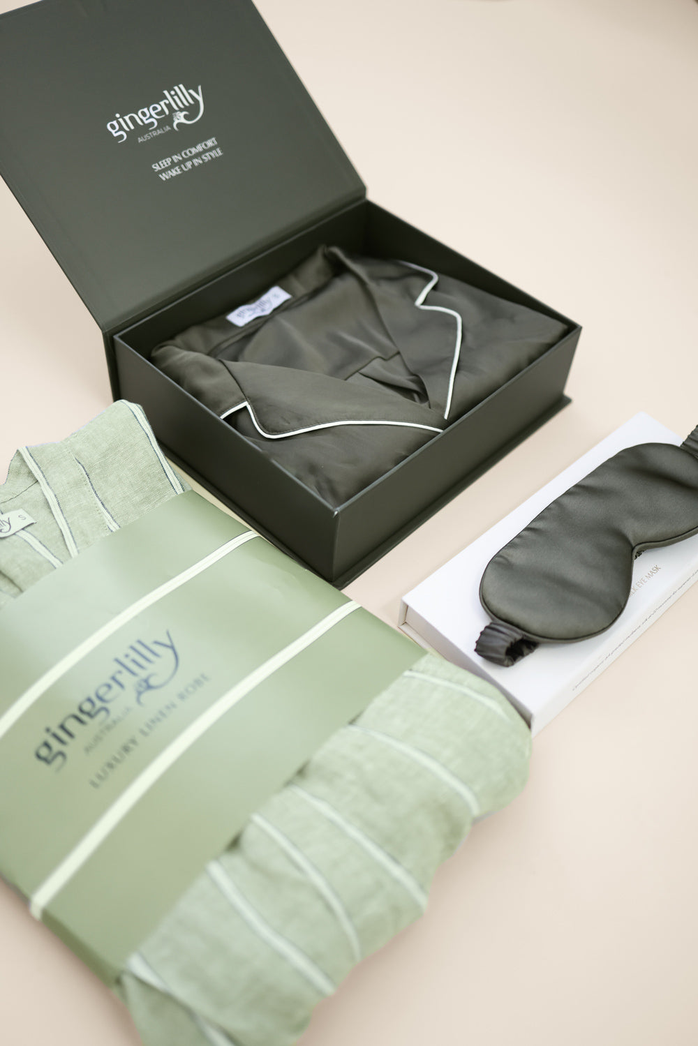 Gingerlilly Sleepwear gift set with luxury robe, silk pajamas in box, and eye mask