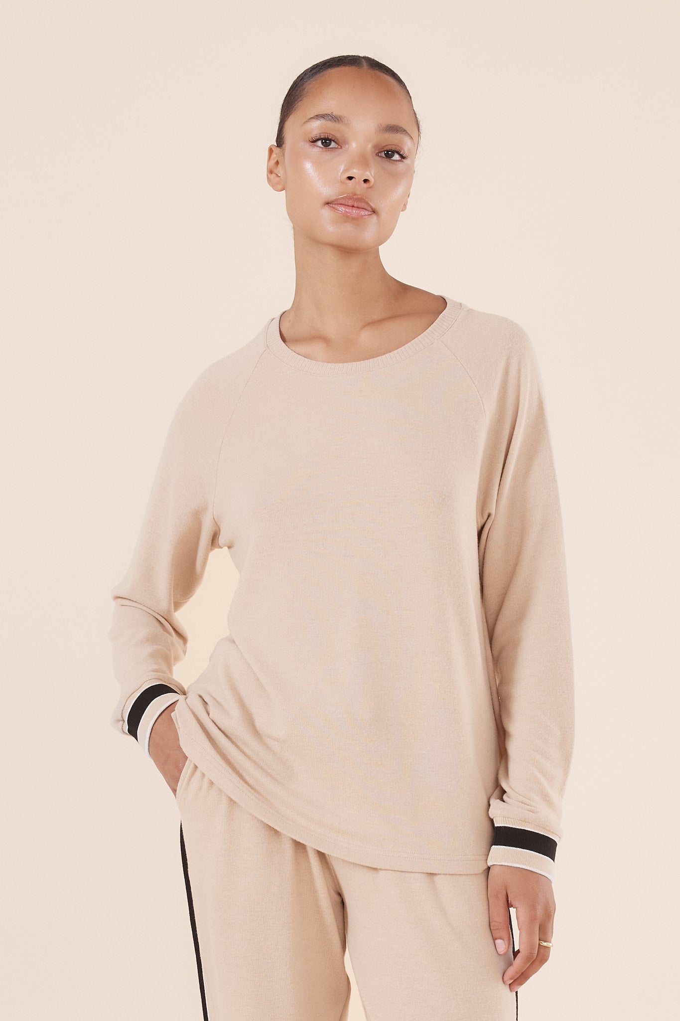 Women's Beige Lounge Set – Soft Sporty Stripe Pyjamas | Gingerlilly