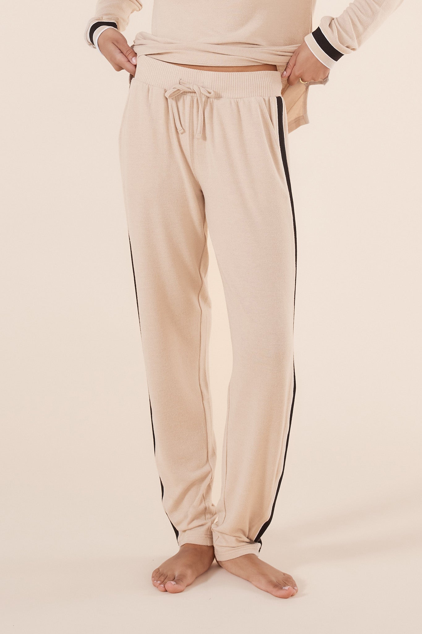 Women's Beige Lounge Set – Soft Sporty Stripe Pyjamas | Gingerlilly