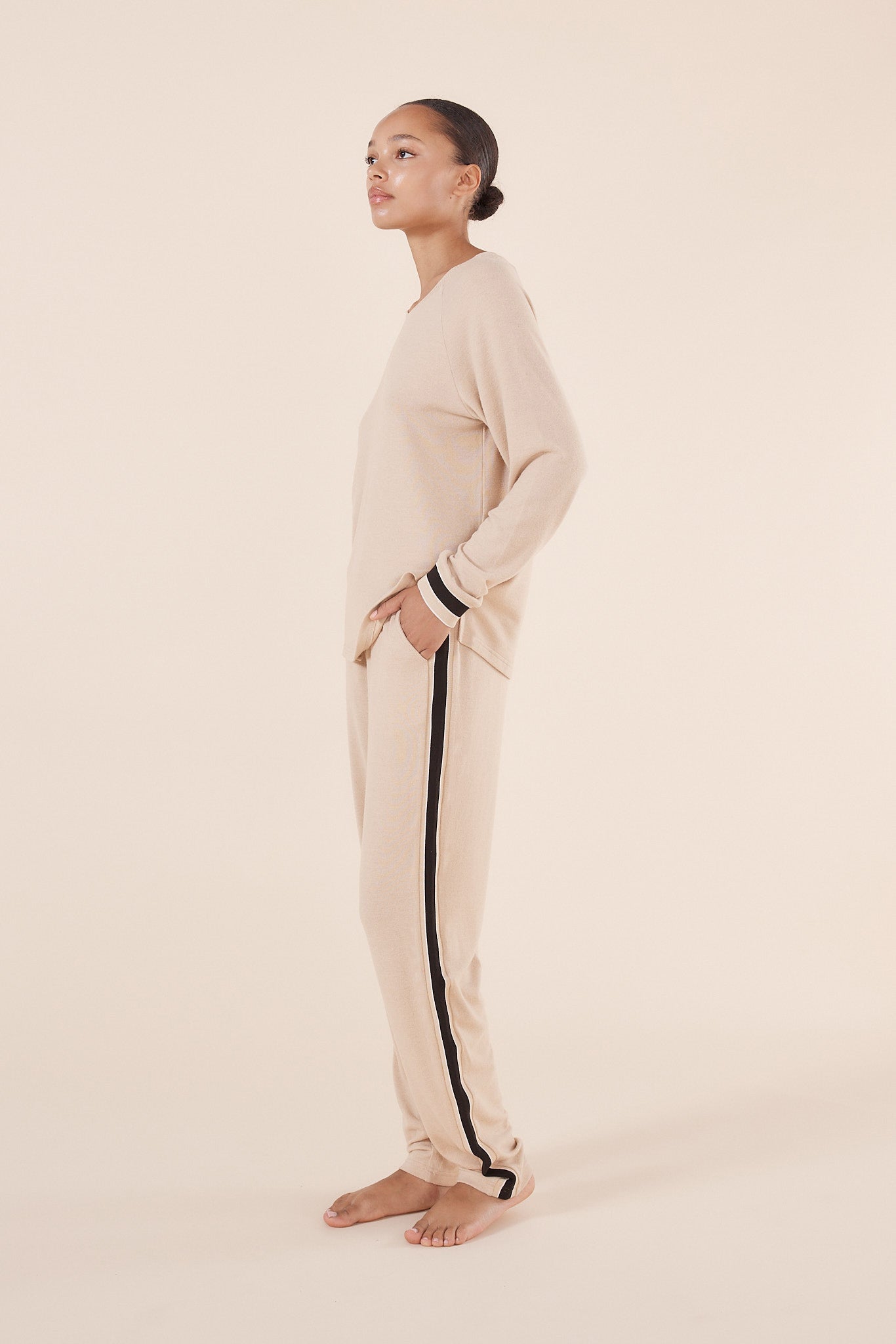 Women's Beige Lounge Set – Soft Sporty Stripe Pyjamas | Gingerlilly