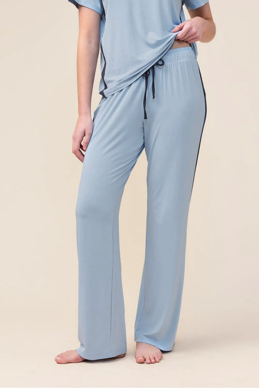Close-up of the Inez Bamboo Pant with Stripe in Blue, showing the wide-leg pant