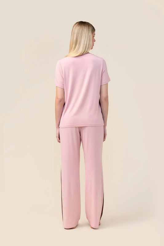 Woman wearing the Bronte Bamboo T-Shirt with Stripe in Pink, back view