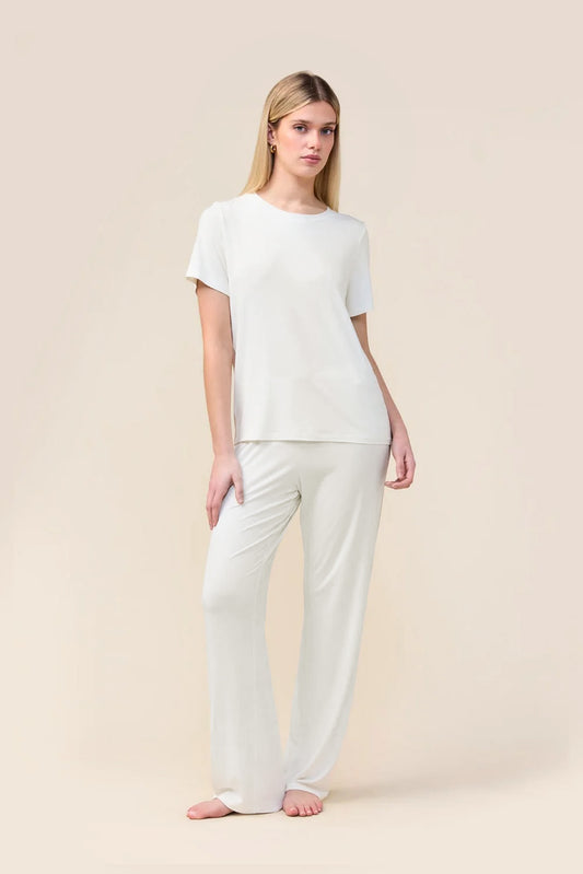 Woman wearing the Bronte Bamboo T-Shirt with Stripe in Ecru, front view