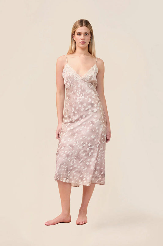 Woman wearing the Melody Bambi Print Spot Nightie in Brown, front view