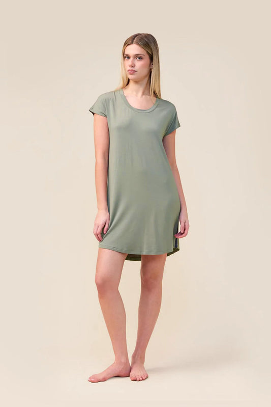 Woman wearing the Ashley Bamboo Sleep Tee in Olive, front view