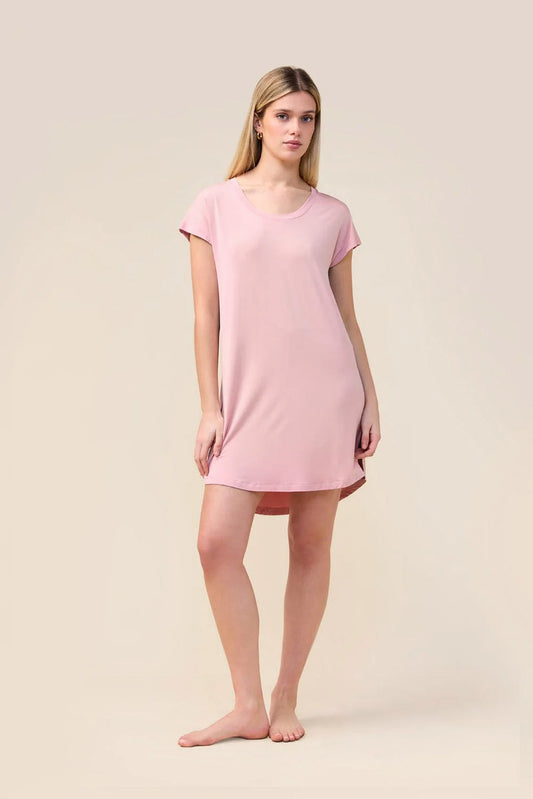 Woman wearing the Ashley Bamboo Sleep Tee in Pink, front view