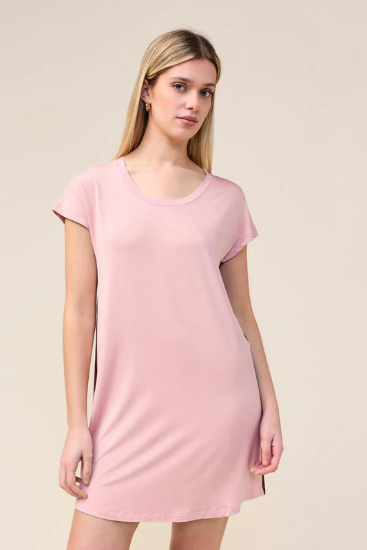 Woman wearing the Ashley Bamboo Sleep Tee in Pink, close front view