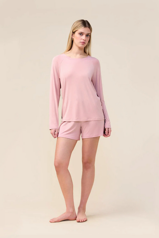 Woman wearing the Solene Long Sleeve Top with Stripe in Pink, front view
