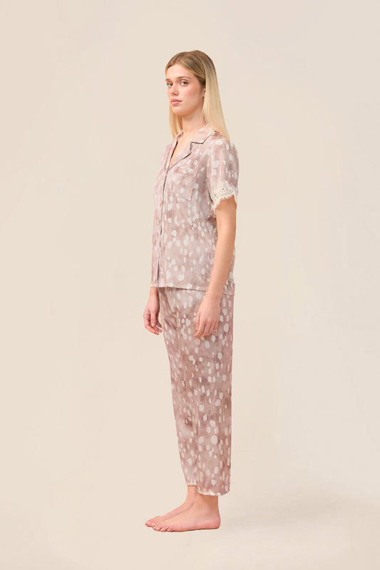 Woman wearing the Millie Bambi Print Long PJ Set in Brown, side view