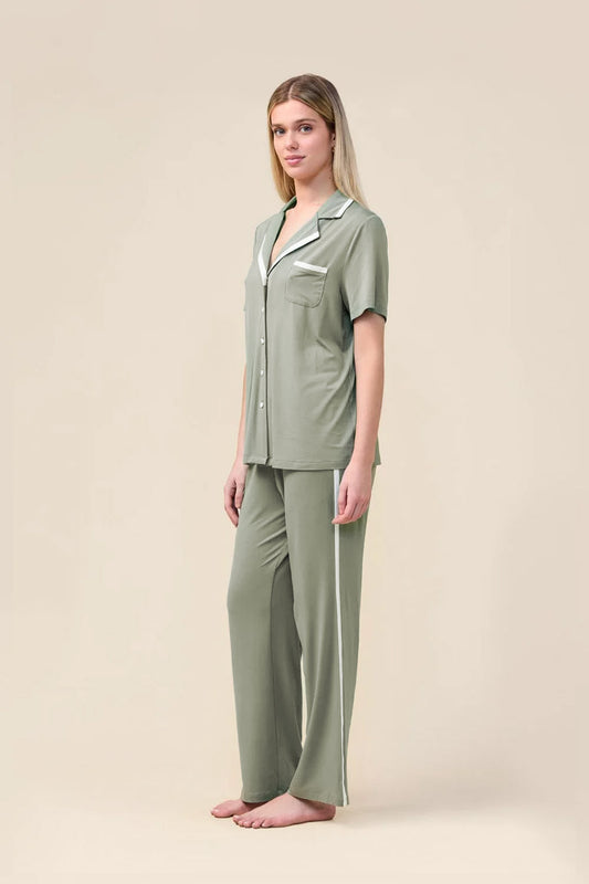 Woman wearing the Vanessa Bamboo Long Pant PJ Set in Olive, side view