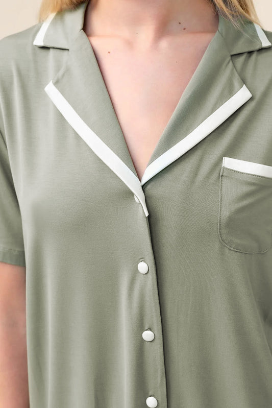 Close-up of the Vanessa Bamboo Long Pant PJ Set in Olive, showing the camp collar with white contrast trim