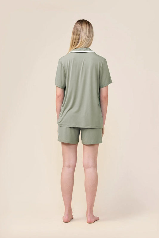 Woman wearing the Allegra Short Bamboo PJ Set in Olive, back view