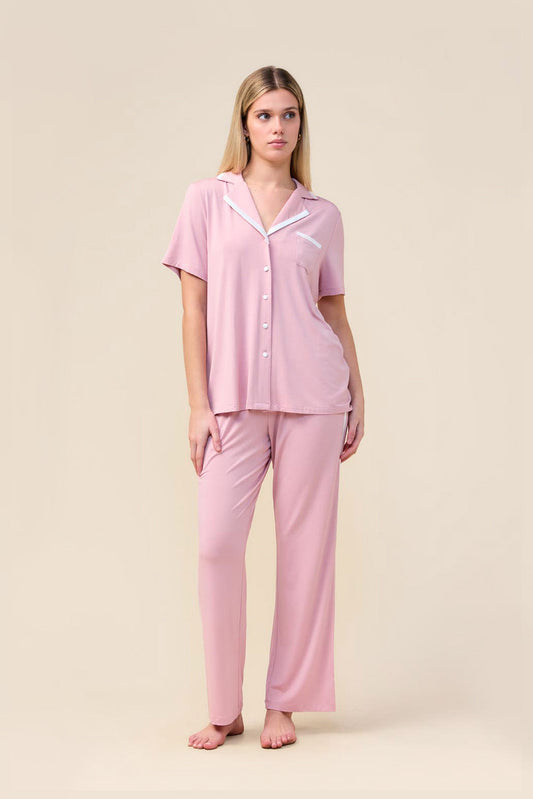 Vanessa Bamboo Long Pant PJ Set - Pink - Front