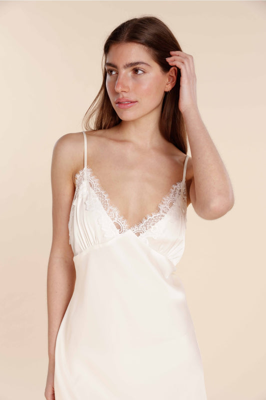Woman wearing a white lace Azalia Silky Satin Short Chemise cropped front  view