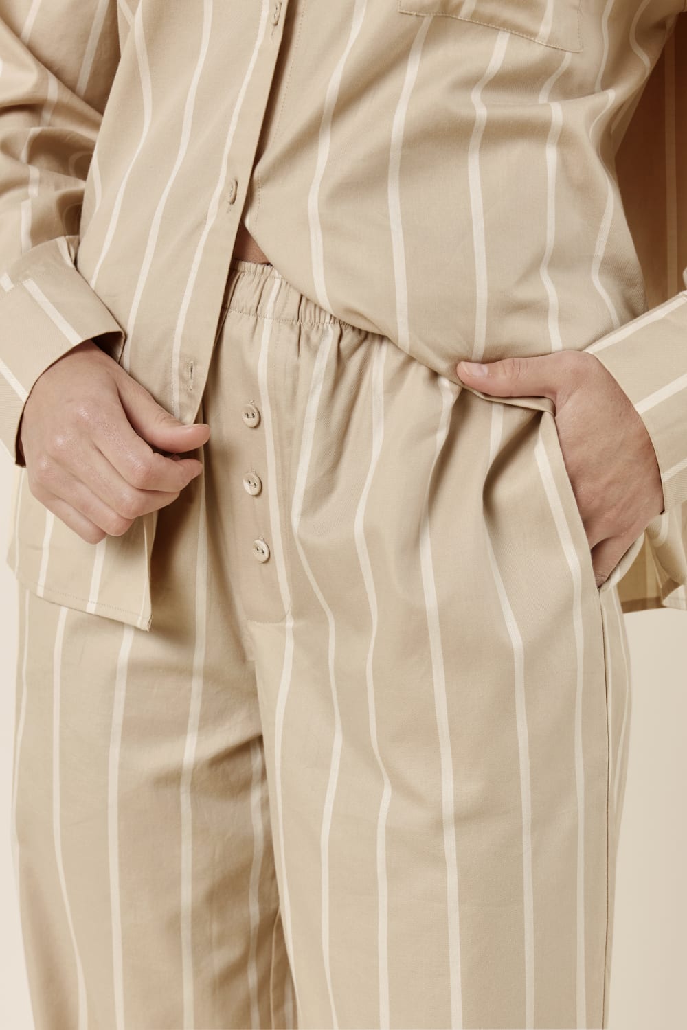 Chloe Cotton Striped PJ Set Biscuit front button detail