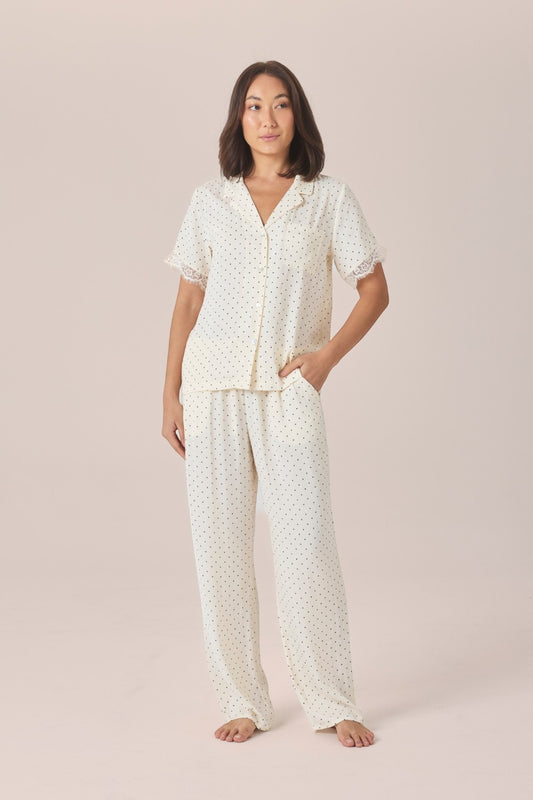 Gingerlilly Clarisse Short Sleeve Spot PJ Set - Ivory - Front