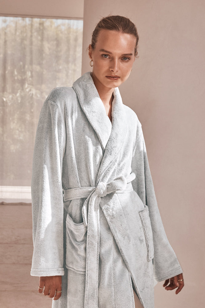 Woman wearing Desire Grey Long Plush Robe, soft plush dressing gown with wrap belt and relaxed fit