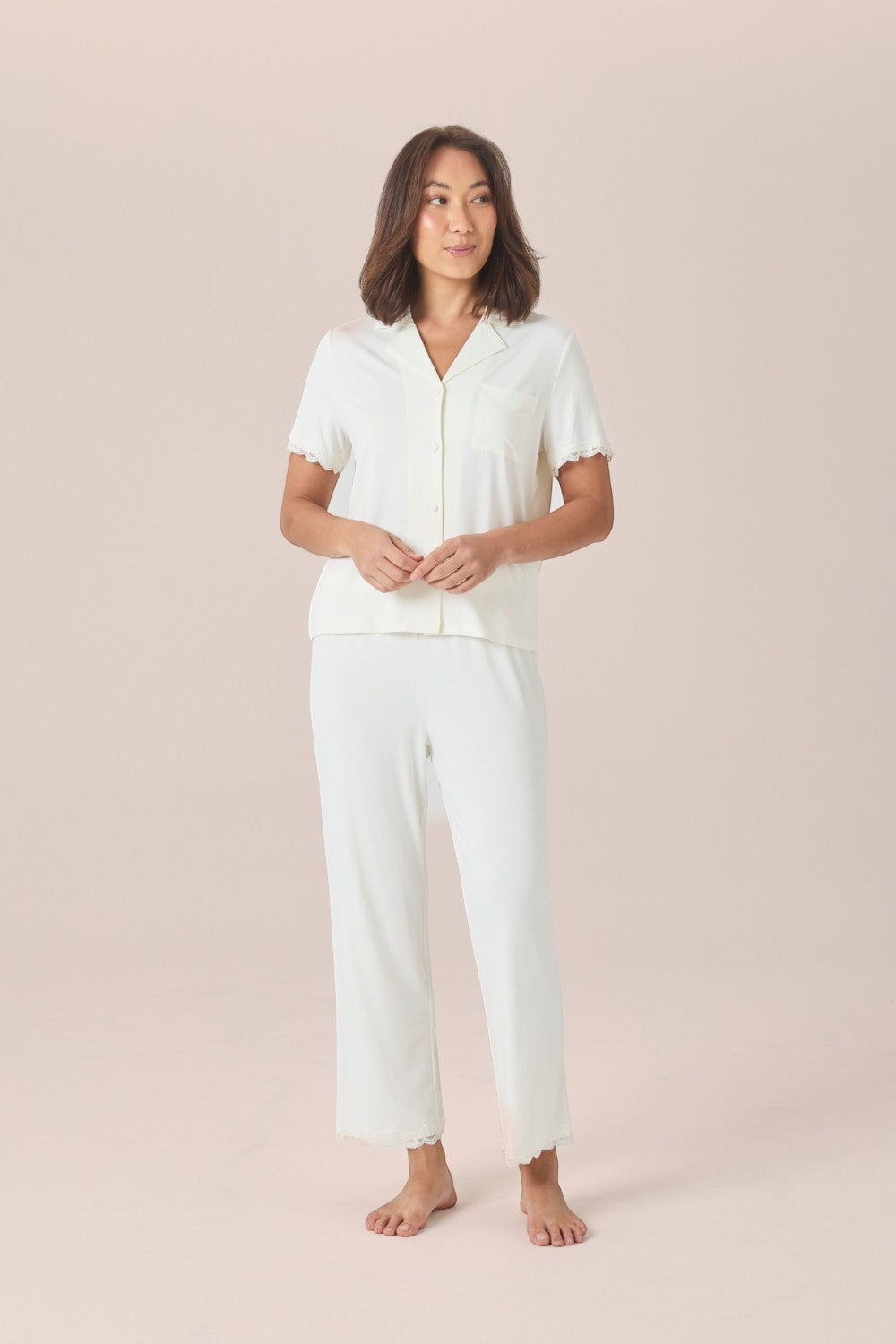 Gingerlilly Dianne Bamboo Long PJ Set with Lace in Ecru
