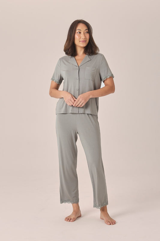 Gingerlilly Dianne Bamboo Long PJ Set with Lace in Olive