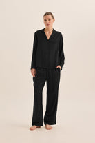 Gingerlilly Emerald Pure Silk Long Sleeve Wide Leg Pyjama Set - Black - Front